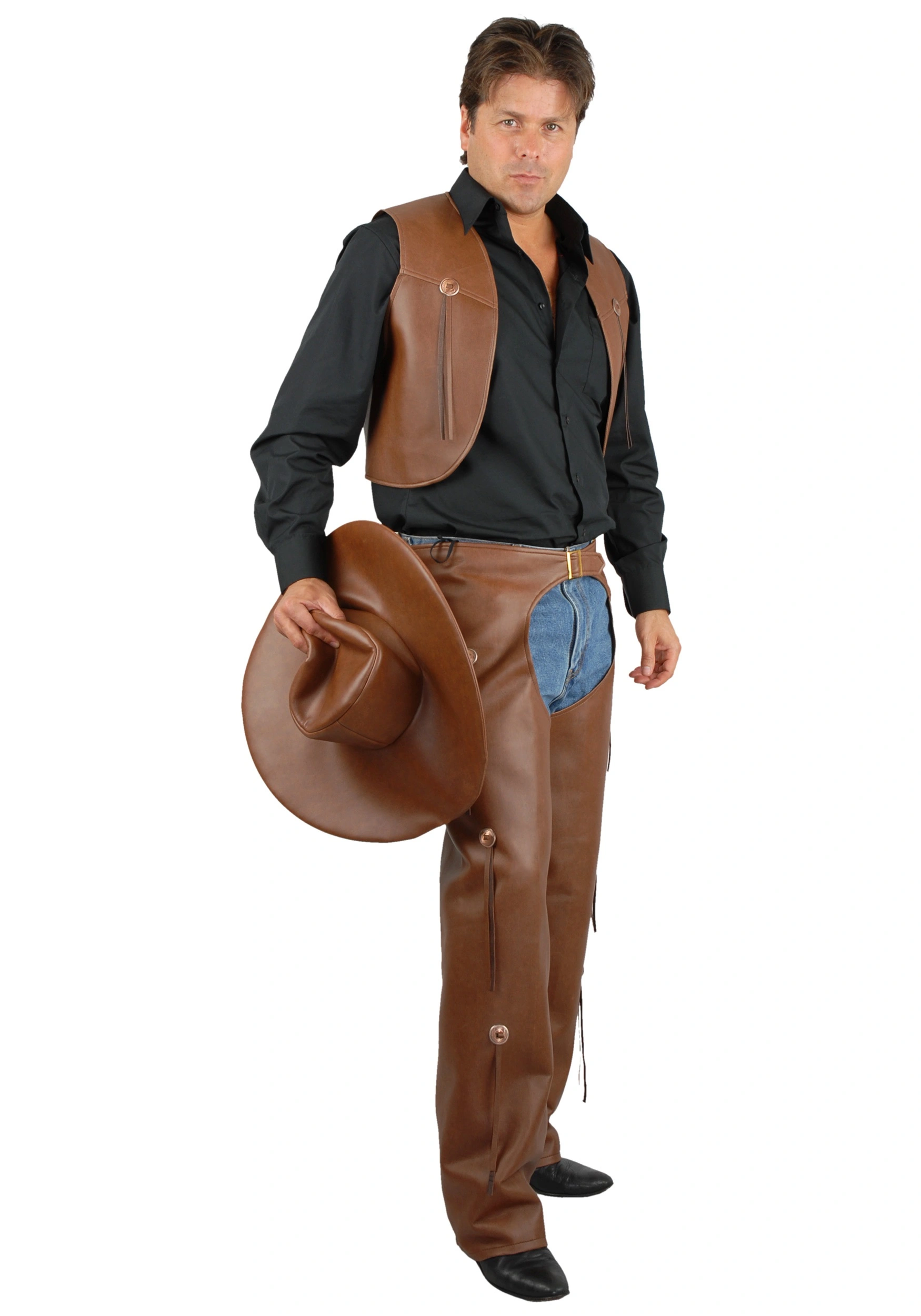 Men's Brown Costume Chaps And Vest 3 Men's Brown Costume Chaps And Vest