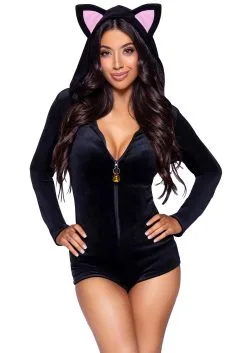 Plush Black Cat Romper Costume For Women